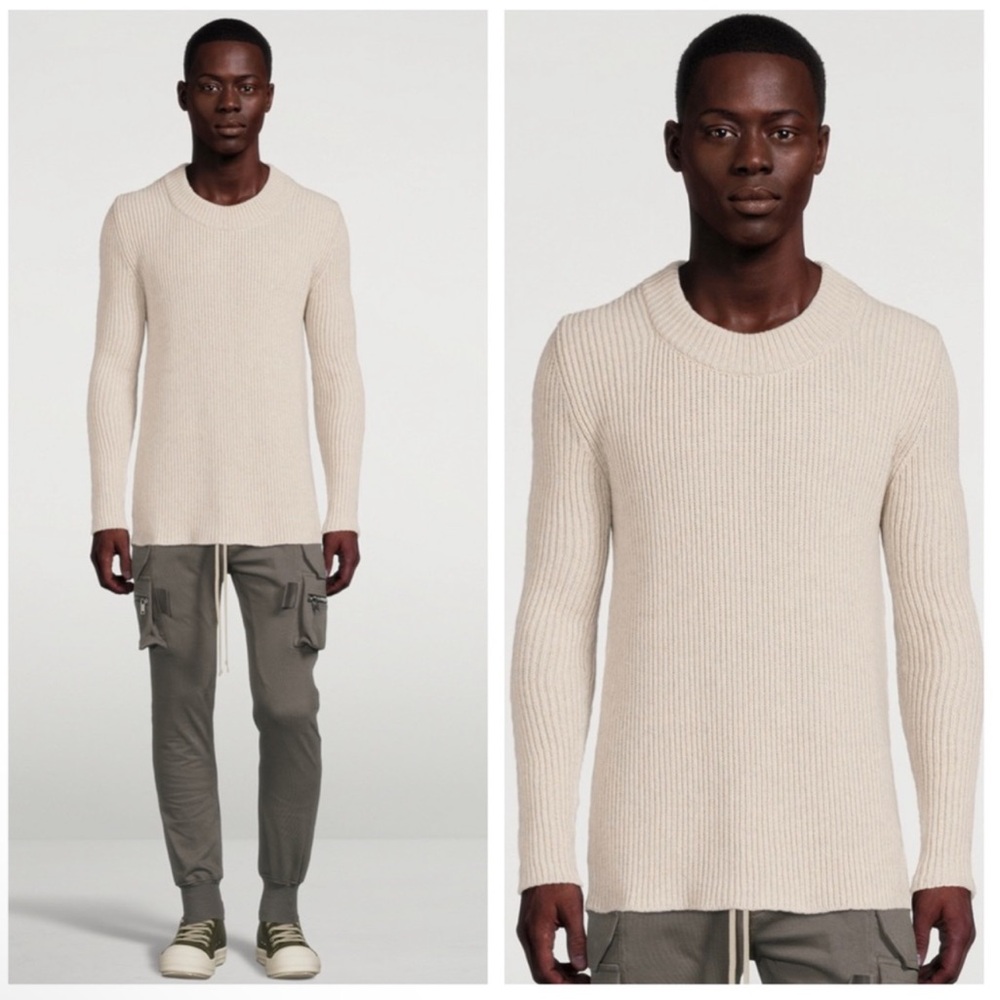 Rick Owens Ribbed Long Sleeve Knit Sweater in Oyster